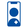 Blaues Symbol einer Person mit medizinischem Kreuz auf dem Oberkörper, dargestellt auf einem stilisierten Smartphone-Deisplay.