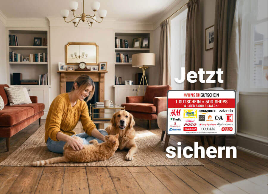 Frau mit Hund und Katze im Wohnzimmer neben Werbung für Wunschgutschein – jetzt Gutschein für über 500 Shops sichern.