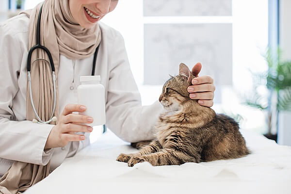 Lächelnde Tierärztin mit Hijab streichelt eine Katze und zeigt ihr eine Medikamenten-Dose